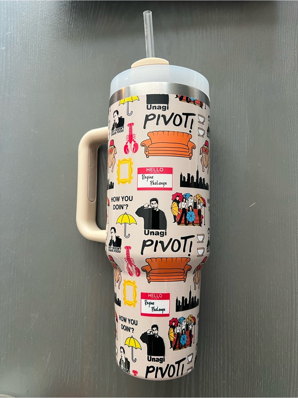 Friends Themed Travel Juggy Tumbler - 'Pivot!' Print